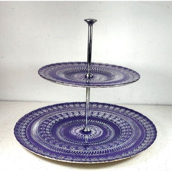Argent Handmade Purple Silver Glass 2 Tier Serving Tray Stand Made in Turkey - Picture 8 of 15